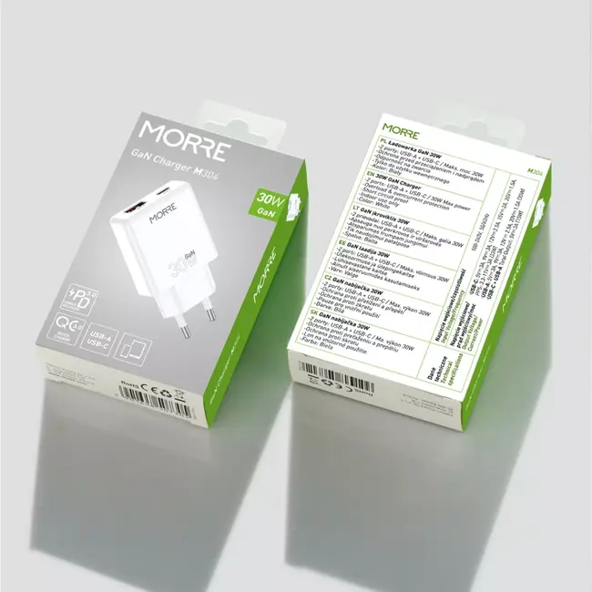 MORRE Compacte witte GaN oplader 30 W met USB-C en USB-A poorten
