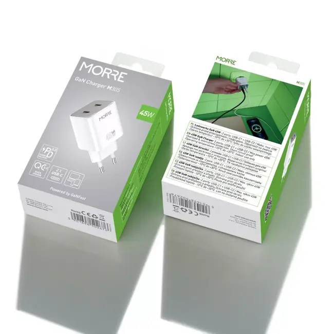 MORRE Witte dubbele USB-C oplader 45 W GaN snellader voor thuis en kantoor