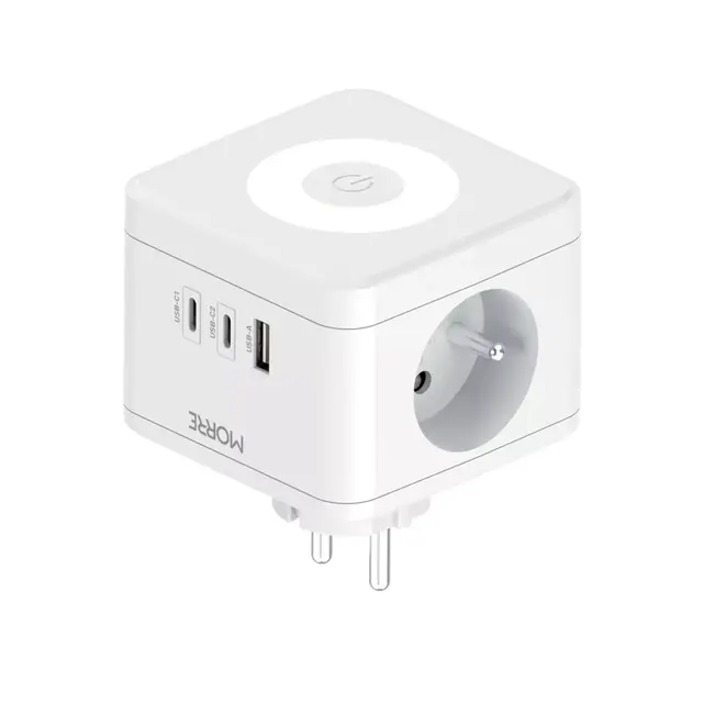 MORRE Witte stekkerdoos kubus 6-in-1 met USB-C, USB-A en nachtlamp functie