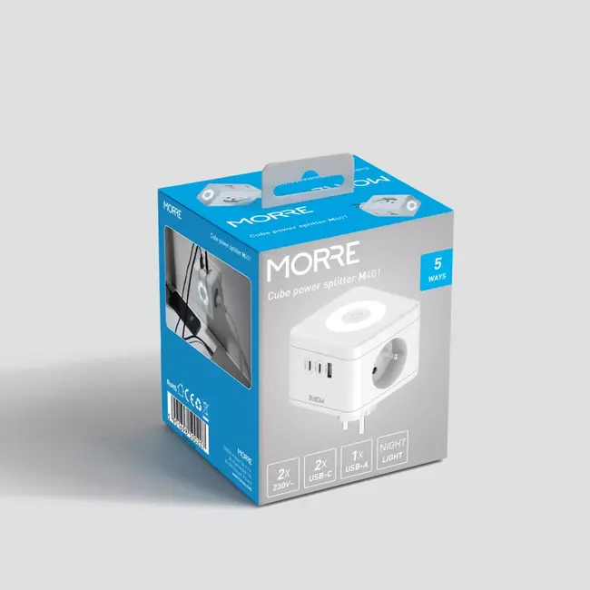 MORRE Witte stekkerdoos kubus 6-in-1 met USB-C, USB-A en nachtlamp functie
