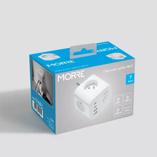 MORRE Witte stekkerdoos kubus 7-in-1 met USB-C, USB-A en schakelaar NL, BE