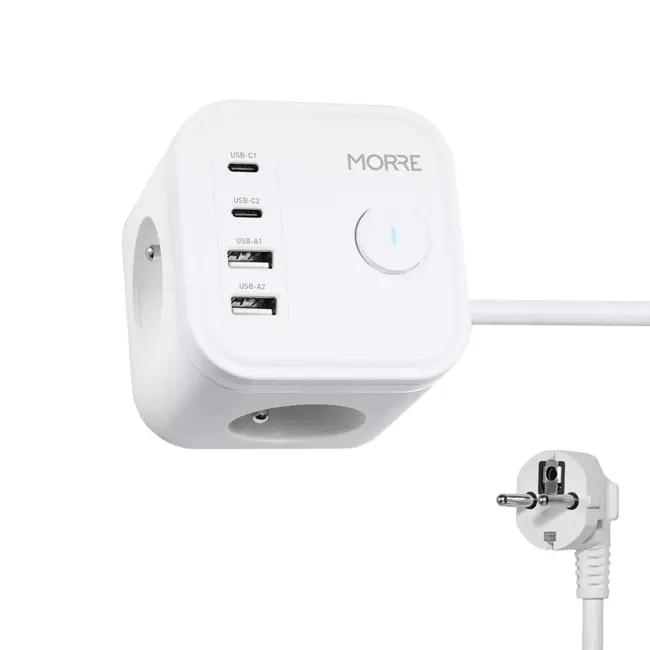 MORRE Witte stekkerdoos 7-in-1 kubus met kabel 1,5 m en USB-C USB-A NL BE