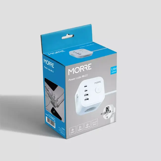 MORRE Witte stekkerdoos 7-in-1 kubus met kabel 1,5 m en USB-C USB-A NL BE