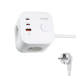MORRE Witte Power Cube 6-in-1 met 3 stopcontacten, 2 x USB-C 20 W, USB-A 18 W en kabel van 1,5 m
