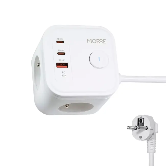 MORRE Witte Power Cube 6-in-1 met 3 stopcontacten, 2 x USB-C 20 W, USB-A 18 W en kabel van 1,5 m