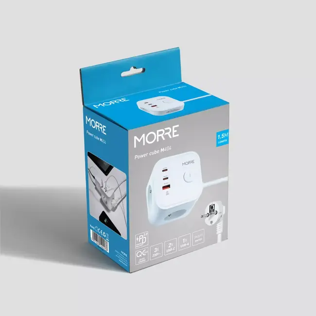 MORRE Witte Power Cube 6-in-1 met 3 stopcontacten, 2 x USB-C 20 W, USB-A 18 W en kabel van 1,5 m