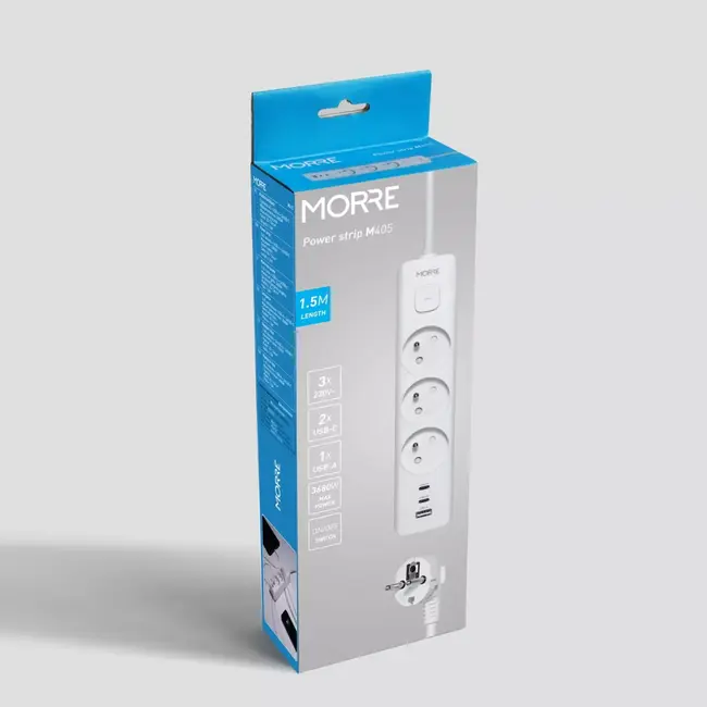 MORRE Witte stekkerdoos 6-in-1 met 3 stopcontacten en USB laadpoorten inclusief kabel van 1,5 m