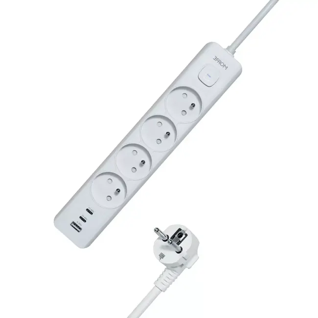 MORRE Witte stekkerdoos 7-in-1 met 4 stopcontacten en USB poorten en kabel van 1,5 m