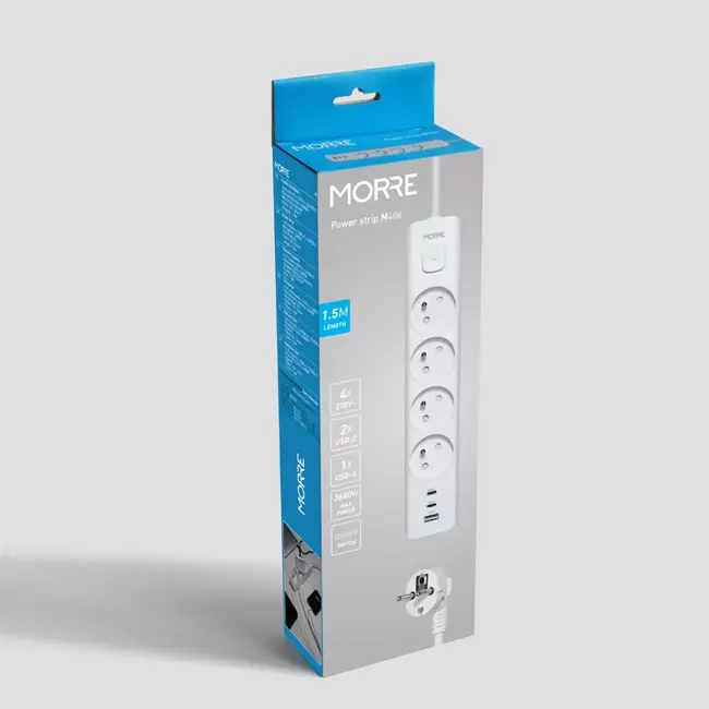 MORRE Witte stekkerdoos 7-in-1 met 4 stopcontacten en USB poorten en kabel van 1,5 m