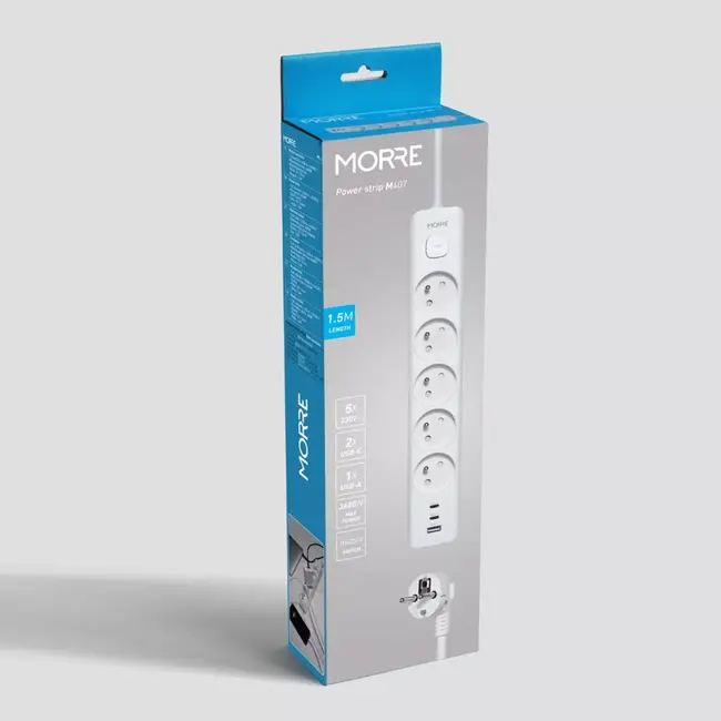 MORRE Witte stekkerdoos 8-in-1 met 5 stopcontacten en USB poorten en kabel van 1,5 m