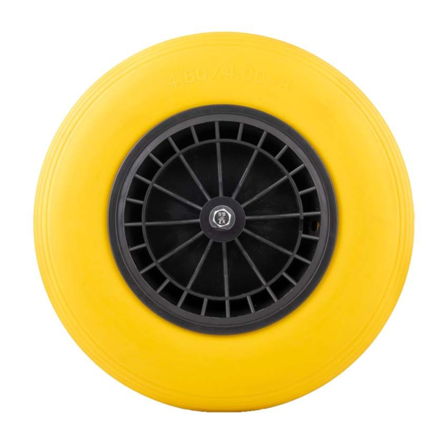 Merkloos Geel antilek kruiwagenwiel 4.00-8 PU compleet met as en zijringen