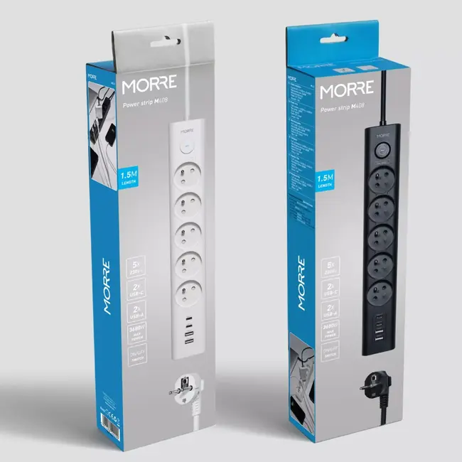 MORRE Stekkerdoos 1,5 m met 5 stopcontacten en USB-C en USB-A voor meerdere apparaten tegelijk
