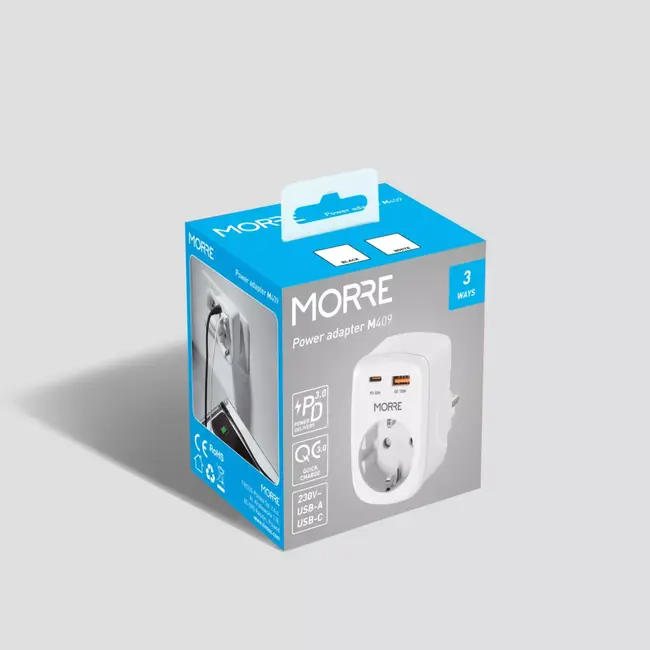 MORRE 3-in-1 stopcontact adapter met USB-C 20W en USB-A 18W voor thuis en onderweg