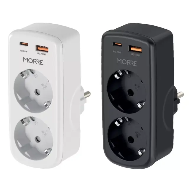 MORRE 3-in-1 stopcontact adapter met USB-C 20W en USB-A 18W voor thuis en onderweg
