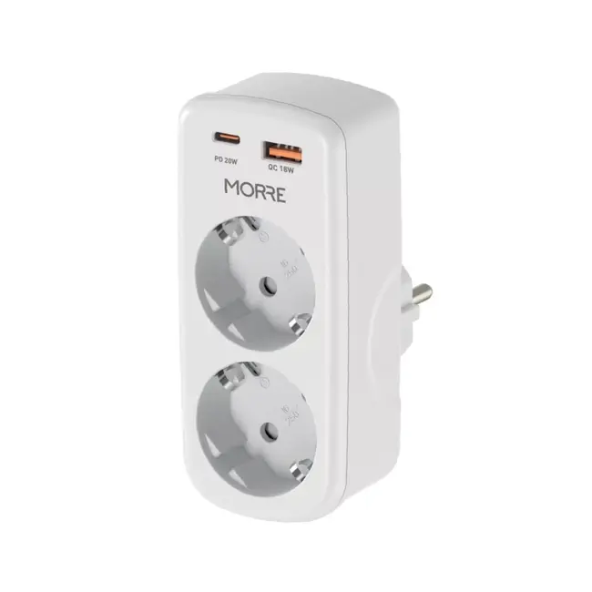 MORRE 3-in-1 stopcontact adapter met USB-C 20W en USB-A 18W voor thuis en onderweg