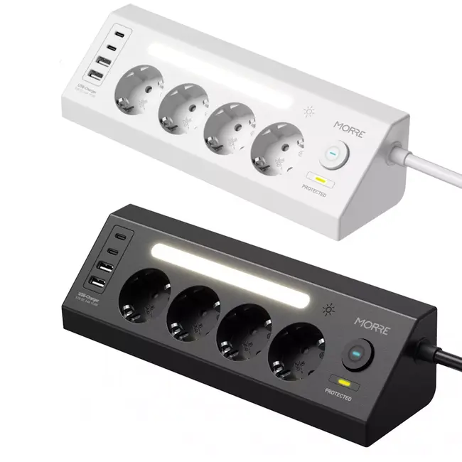 MORRE 9-in-1 hoek stekkerdoos met verlichting en USB poorten voor bureau en slaapkamer