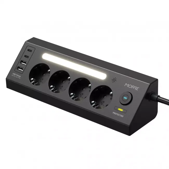 MORRE 9-in-1 hoek stekkerdoos met verlichting en USB poorten voor bureau en slaapkamer
