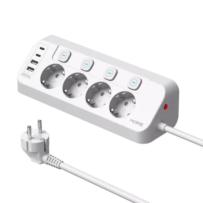 MORRE 8-in-1 hoek stekkerdoos met individuele schakelaars en USB poorten