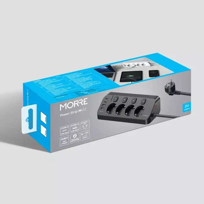 MORRE 8-in-1 hoek stekkerdoos met individuele schakelaars en USB poorten