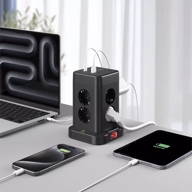 MORRE 12-in-1 toren stekkerdoos met 8 stopcontacten en USB-C en USB-A
