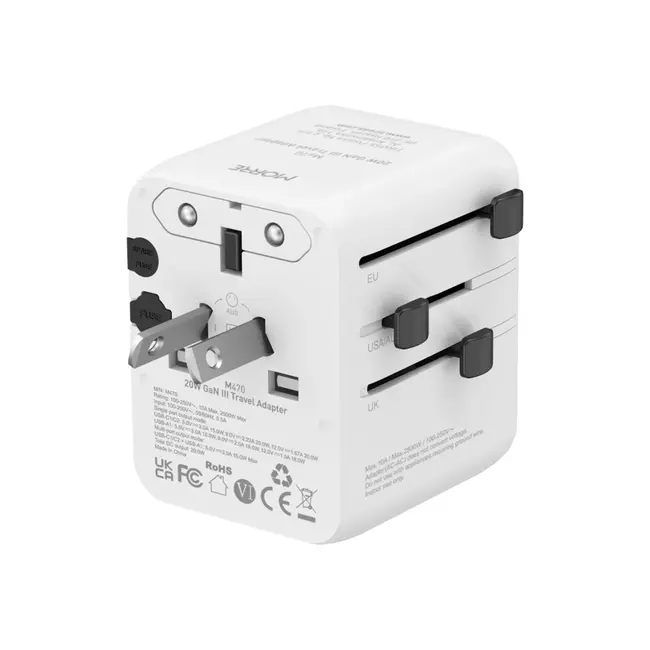 MORRE Compacte wereldstekker 20 W met USB-C en USB-A voor reizen en thuisgebruik