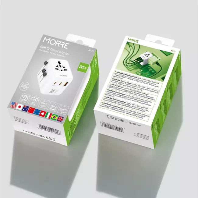 MORRE Compacte wereldstekker 20 W met USB-C en USB-A voor reizen en thuisgebruik