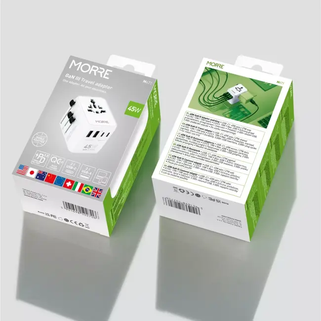 MORRE Wereldstekker 45 W met USB-C en USB-A voor meerdere apparaten tegelijk