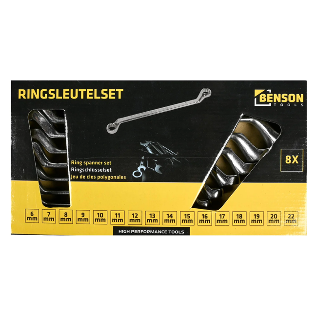 Benson 6-delige ringsleutelset - 6-17 mm - Chroom-vanadiumstaal - Verchroomd en gepolijst