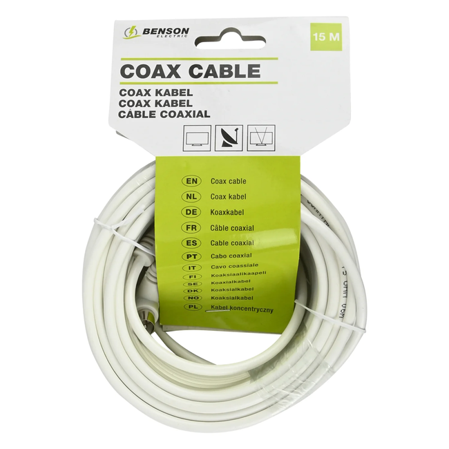 Benson Coax kabel - Haakse stekkers - 15 meter - Wit - Flexibel en duurzaam