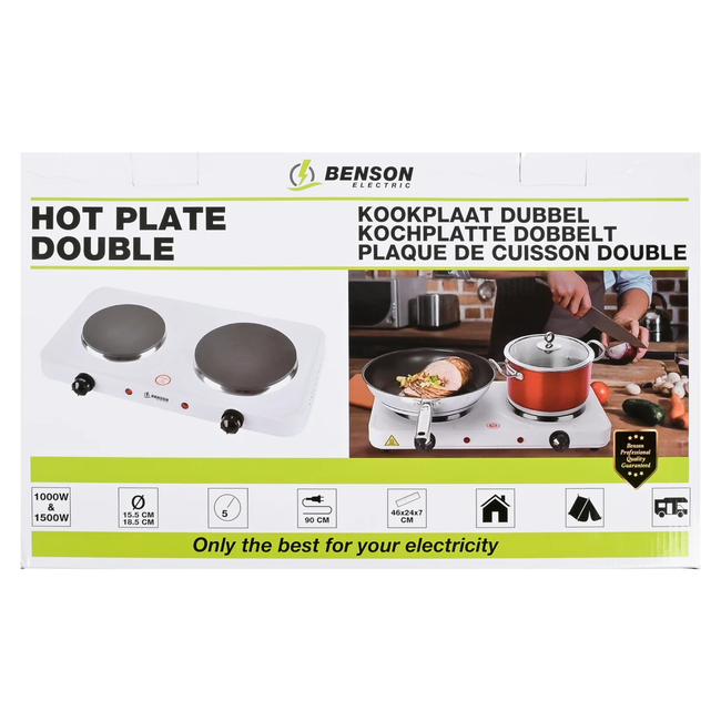 Benson Compacte elektrische kookplaat - 2 pits - gietijzer - 5 warmtestanden - 2500 watt - wit/zwart