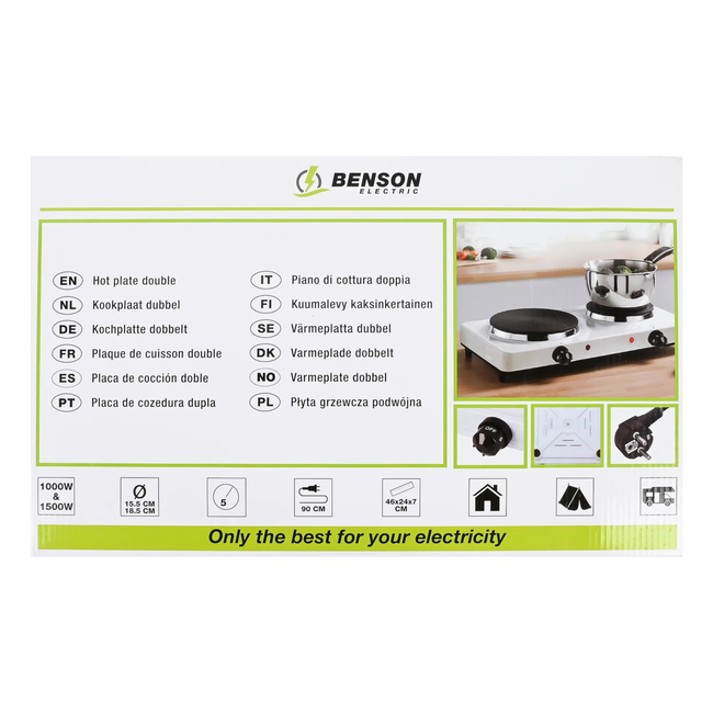 Benson Compacte elektrische kookplaat - 2 pits - gietijzer - 5 warmtestanden - 2500 watt - wit/zwart