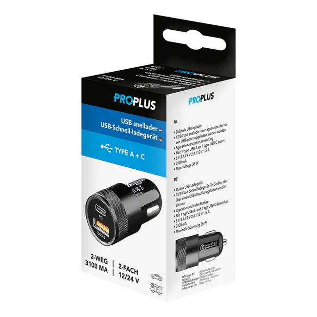 ProPlus Snellader auto - dubbele USB - 12/24V - 36W - type A + C poorten