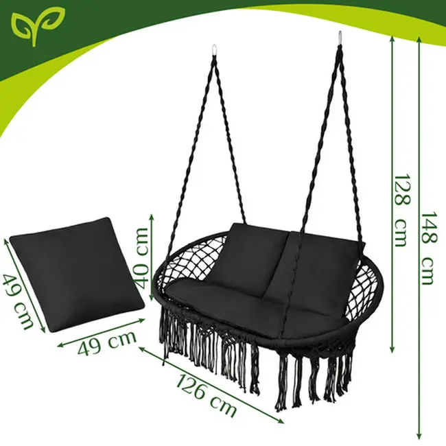 Gardlov Zwarte tweepersoons hangstoel 148 x 126 cm met kussens voor tuin en balkon - max 300 kg