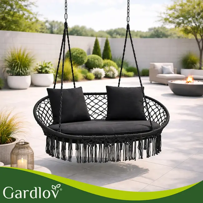 Gardlov Zwarte tweepersoons hangstoel 148 x 126 cm met kussens voor tuin en balkon - max 300 kg