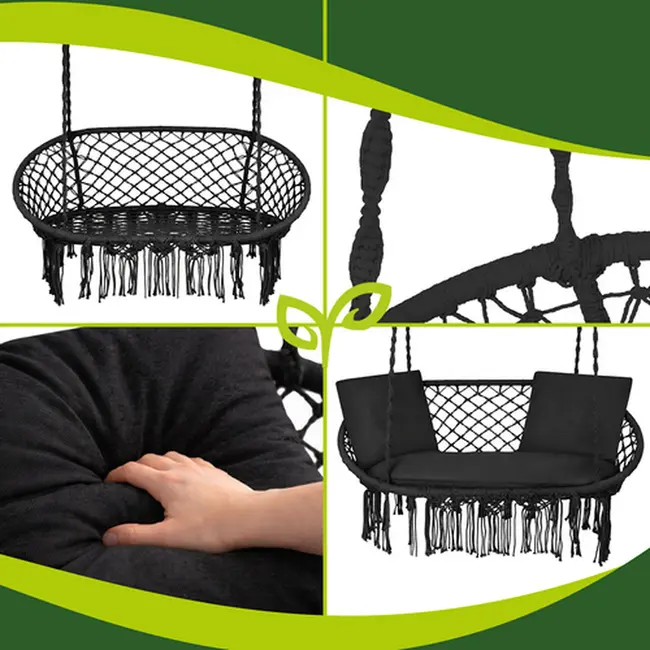 Gardlov Zwarte tweepersoons hangstoel 148 x 126 cm met kussens voor tuin en balkon - max 300 kg
