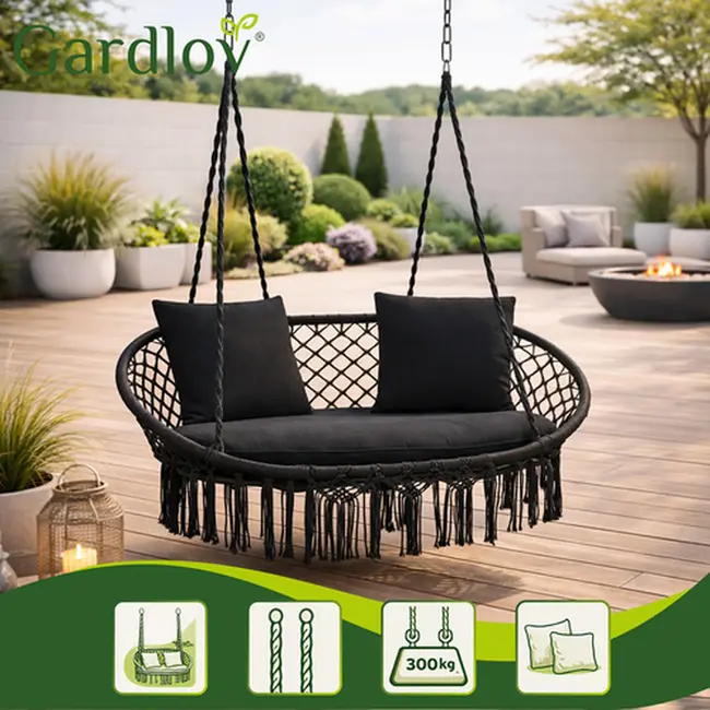 Gardlov Zwarte tweepersoons hangstoel 148 x 126 cm met kussens voor tuin en balkon - max 300 kg