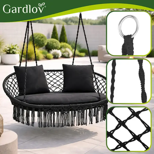 Gardlov Zwarte tweepersoons hangstoel 148 x 126 cm met kussens voor tuin en balkon - max 300 kg