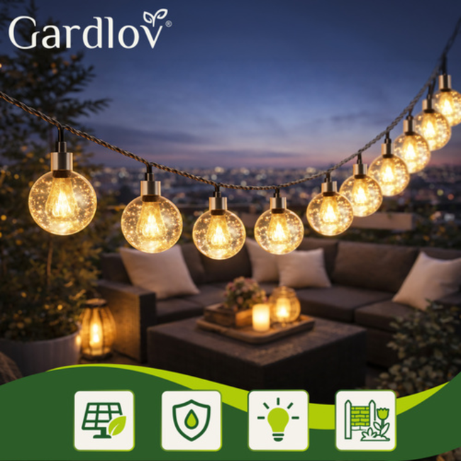Gardlov Solar Lichtslinger 12m IP65 – Waterdichte Buitenverlichting met 100 LED-bollen