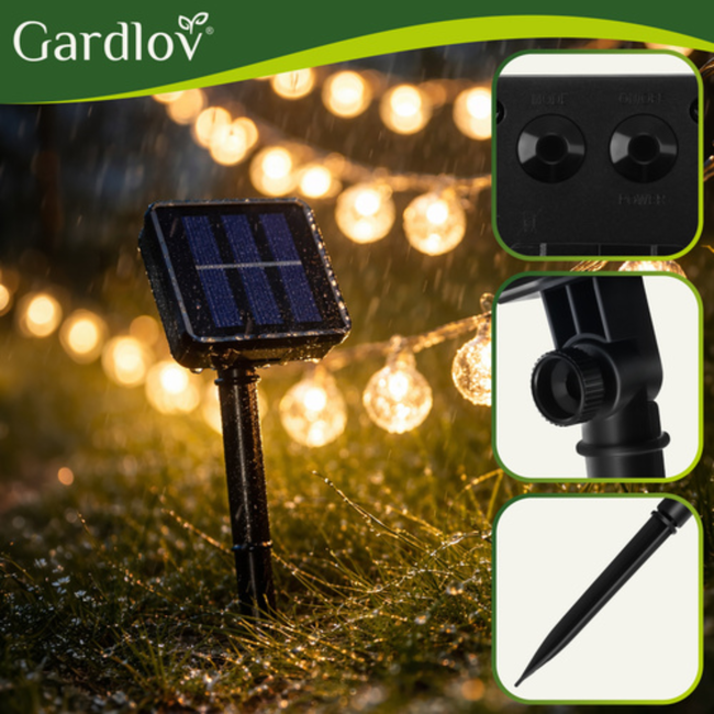 Gardlov Solar Lichtslinger 12m IP65 – Waterdichte Buitenverlichting met 100 LED-bollen