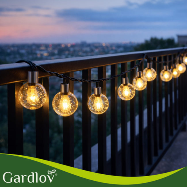 Gardlov Solar Lichtslinger 12m IP65 – Waterdichte Buitenverlichting met 100 LED-bollen