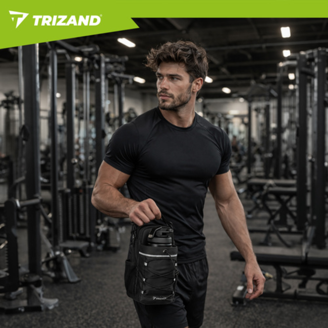 Trizand Zwarte gym organizer 4,5 l met fleshouder en ruimte voor telefoon en accessoires