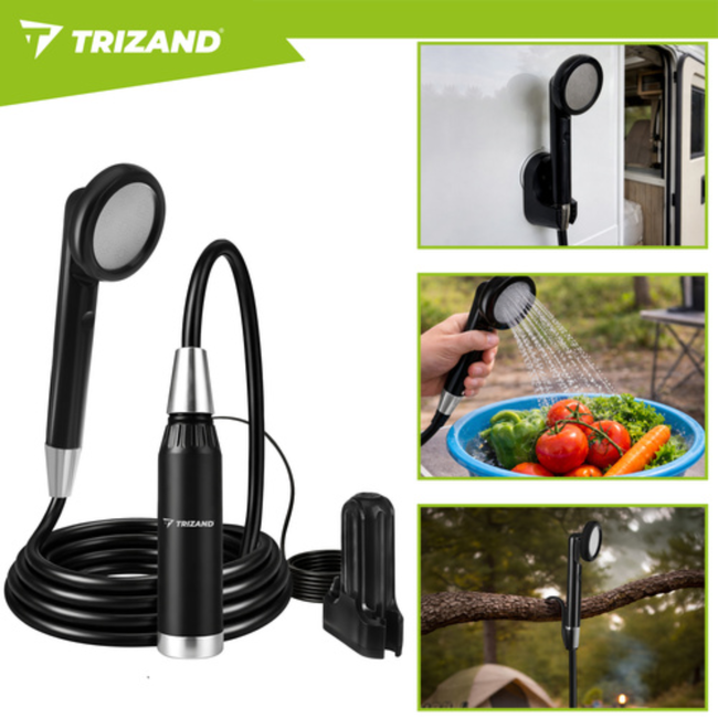 Trizand Draadloze campingdouche 2200 mAh met pomp, 1,8 m slang en waterbestendige behuizing