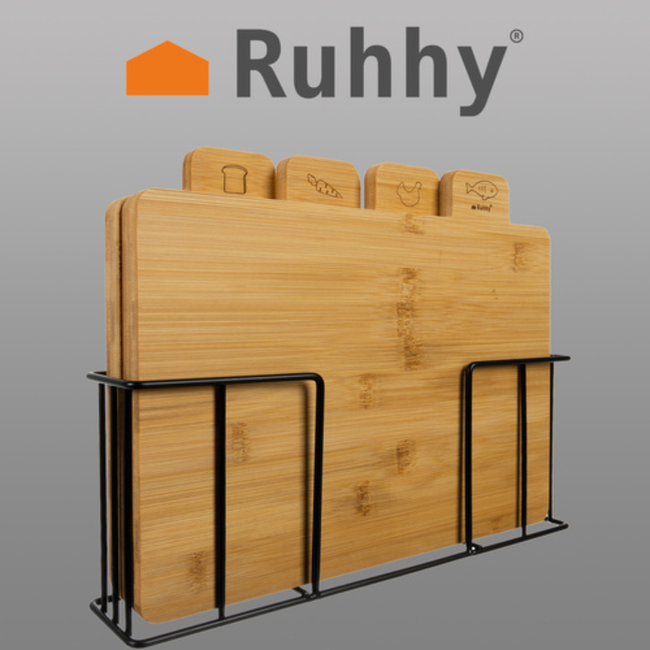 Ruhhy Set van 4 bamboe snij- en serveerplanken met metalen standaard voor een nette keuken