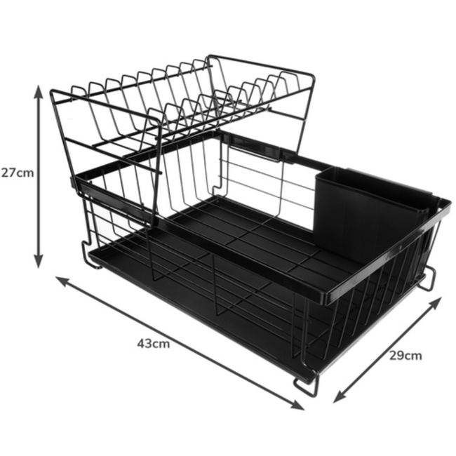 Ruhhy Groot zwart afdruiprek met 2 lagen, opvangbak en bestekhouder voor dagelijks gebruik