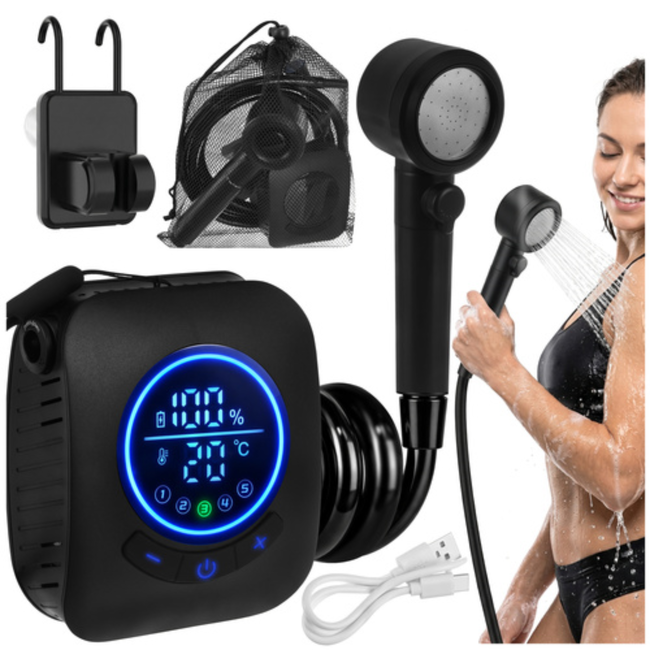 Trizand Oplaadbare campingdouche met pomp, LED-display en 8000 mAh batterij voor camping en tuin