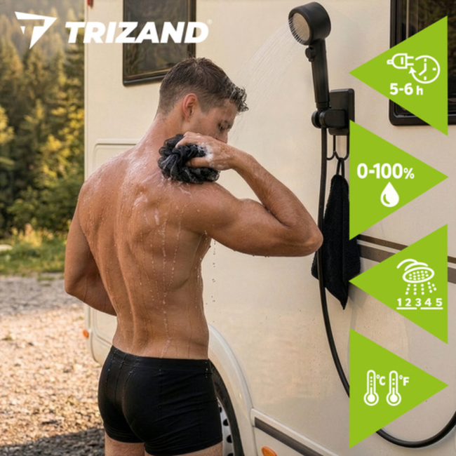 Trizand Oplaadbare campingdouche met pomp, LED-display en 8000 mAh batterij voor camping en tuin