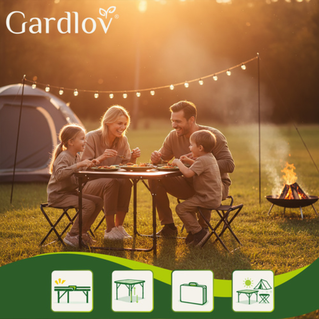Gardlov Compacte campingtafel met 4 klapstoelen, verstelbare hoogte en koffermodel voor tuin of camping