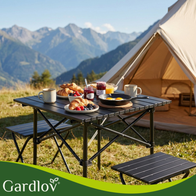 Gardlov Zwarte opvouwbare campingtafel met draaghoes en draagvermogen tot 70 kg voor balkon, terras en camping