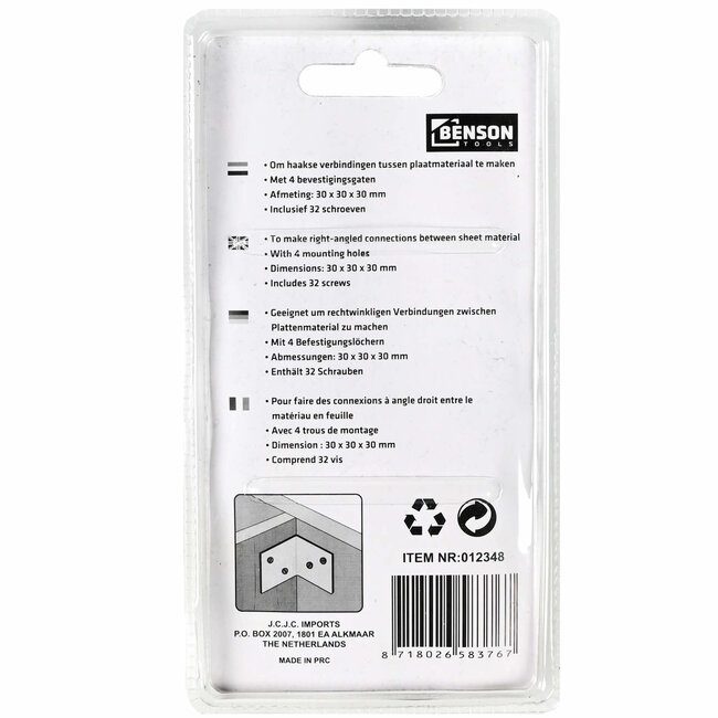 Benson Versterkingshoek - Verzinkt IJzer - Inclusief Schroeven - 30 x 30 x 30 mm - Set van 8