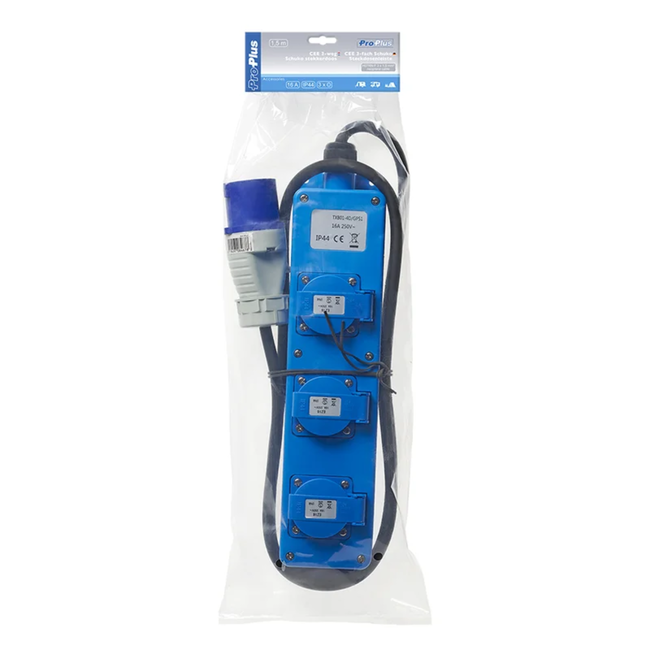 ProPlus Stekkerdoos - CEE naar 3 Schuko - 1,5 meter - IP44 - 16A